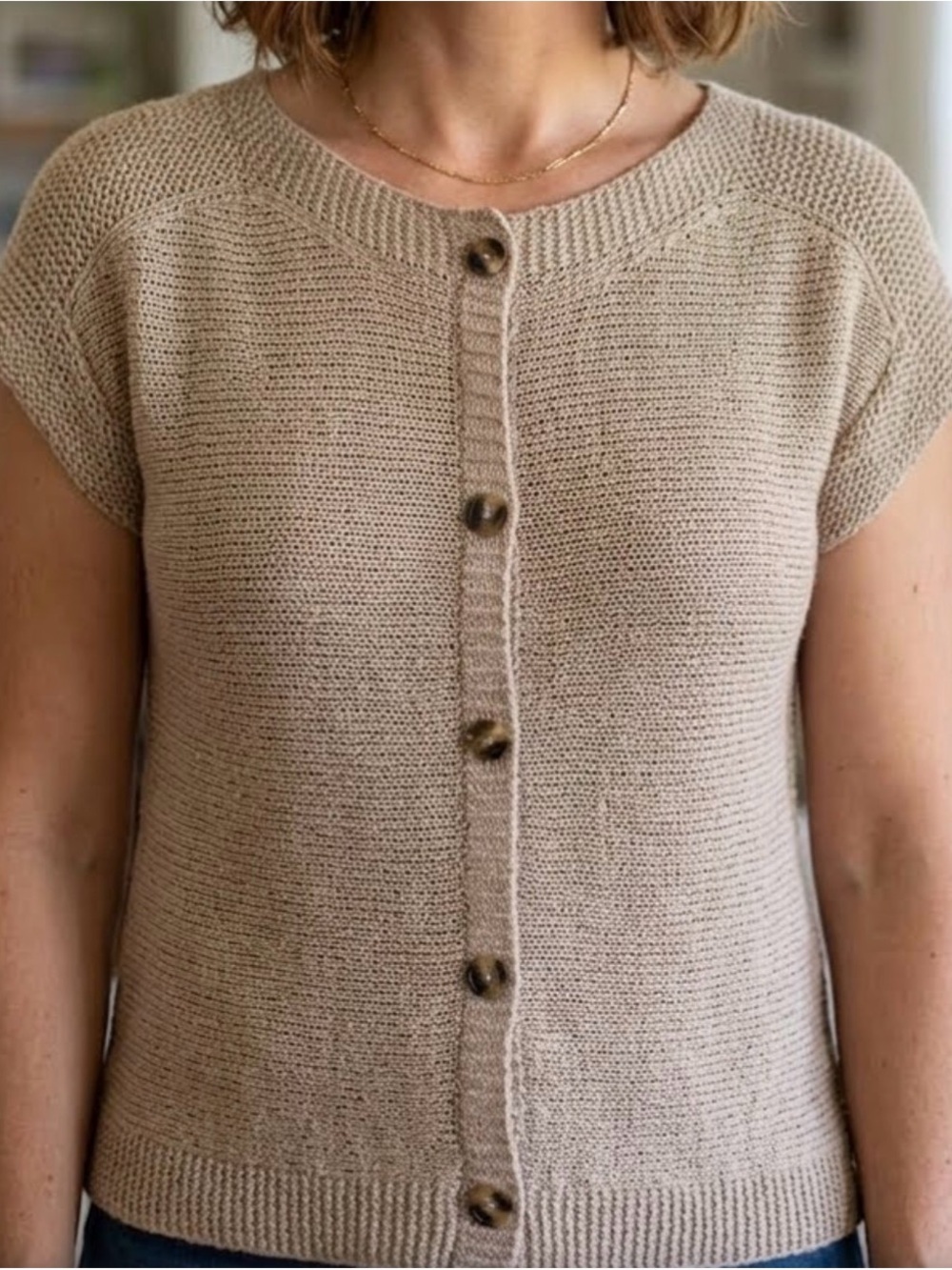 Cable & Gauge Beige Knit Short Sleeve Top | Lightweight Neutral Dolman Sweater